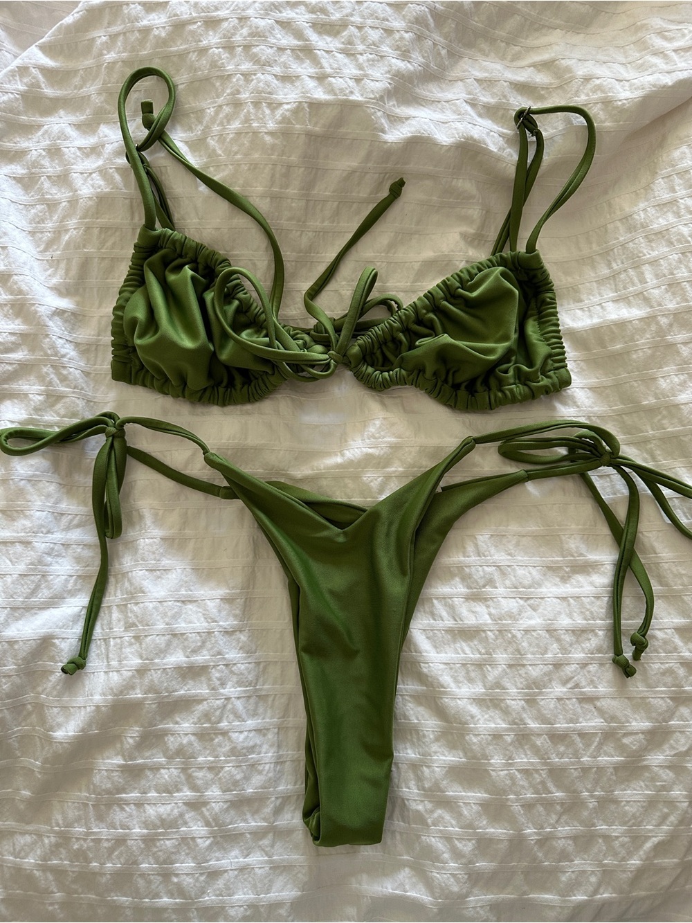 Ruched Olive Green Tie-Side Bikini Set - Women Swim